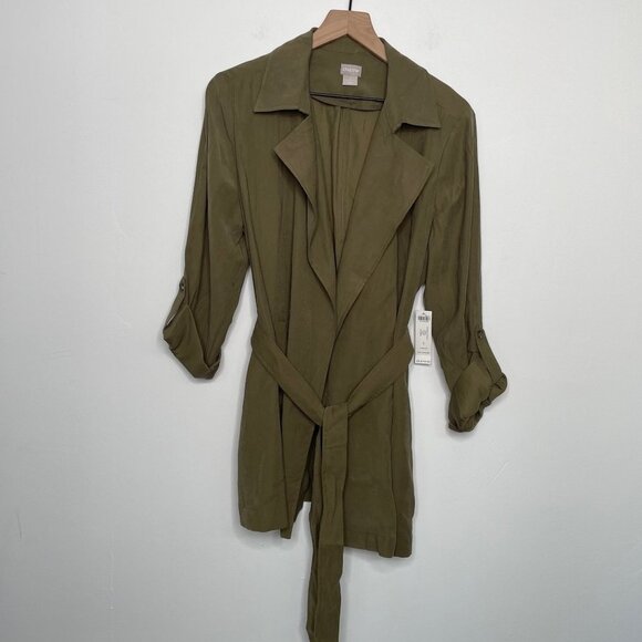 NWT Chicos Jacket Trench Coat Size Medium Green Long Tencel Fall Lightweight - Picture 2 of 11